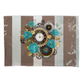 Steampunk Clock- en Turquoise-Rozen op gestreept Kussensloop (Voorkant-Links)