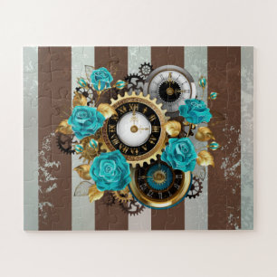 Steampunk Clock- en Turquoise-Rozen op gestreept Legpuzzel