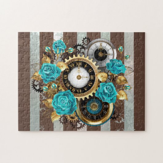 Steampunk Clock- en Turquoise-Rozen op gestreept Legpuzzel (Horizontaal)