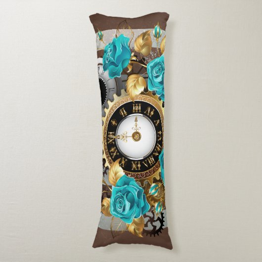Steampunk Clock- en Turquoise-Rozen op gestreept Lichaamskussen (Voorkant Verticaal)