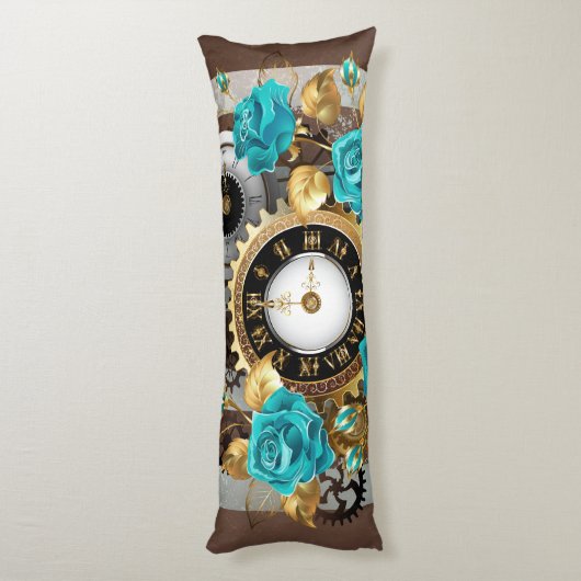 Steampunk Clock- en Turquoise-Rozen op gestreept Lichaamskussen (Achterkant (Verticaal))