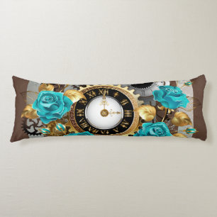 Steampunk Clock- en Turquoise-Rozen op gestreept Lichaamskussen