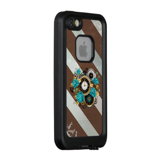 Steampunk Clock- en Turquoise-Rozen op gestreept LifeProof iPhone Hoesje (Achterkant / rechts)
