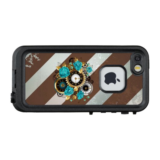 Steampunk Clock- en Turquoise-Rozen op gestreept LifeProof iPhone Hoesje (Achterkant (horizontaal))