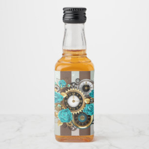Steampunk Clock- en Turquoise-Rozen op gestreept Likeurfles Etiket