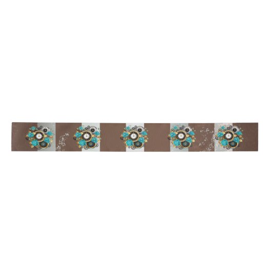 Steampunk Clock- en Turquoise-Rozen op gestreept Lint (Voorkant)
