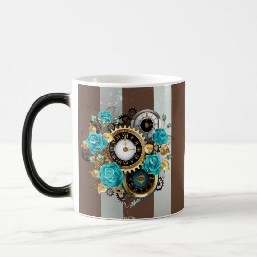 Steampunk Clock- en Turquoise-Rozen op gestreept Magische Mok (Links)