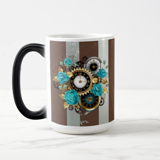 Steampunk Clock- en Turquoise-Rozen op gestreept Magische Mok (Links)