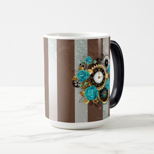 Steampunk Clock- en Turquoise-Rozen op gestreept Magische Mok (Voorkant rechts)