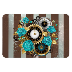 Steampunk Clock- en Turquoise-Rozen op gestreept Magneet