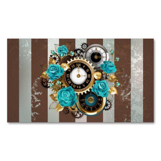 Steampunk Clock- en Turquoise-Rozen op gestreept Magnetisch Visitekaartje (Voorkant)
