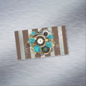 Steampunk Clock- en Turquoise-Rozen op gestreept Magnetisch Visitekaartje (Voorbeeld)