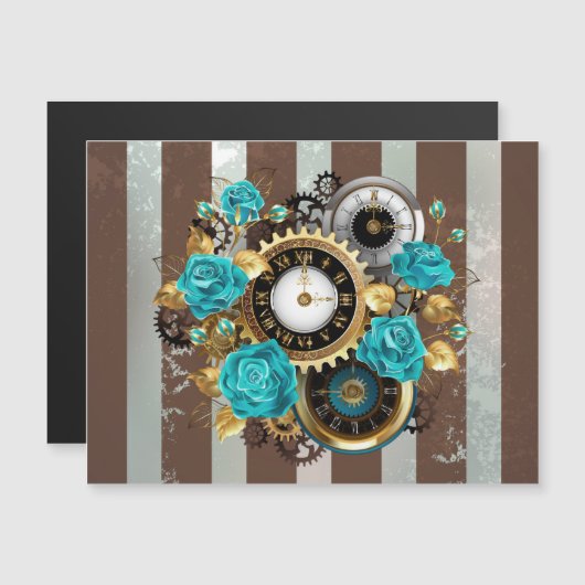 Steampunk Clock- en Turquoise-Rozen op gestreept Magnetische Uitnodiging (Voorkant / Achterkant)