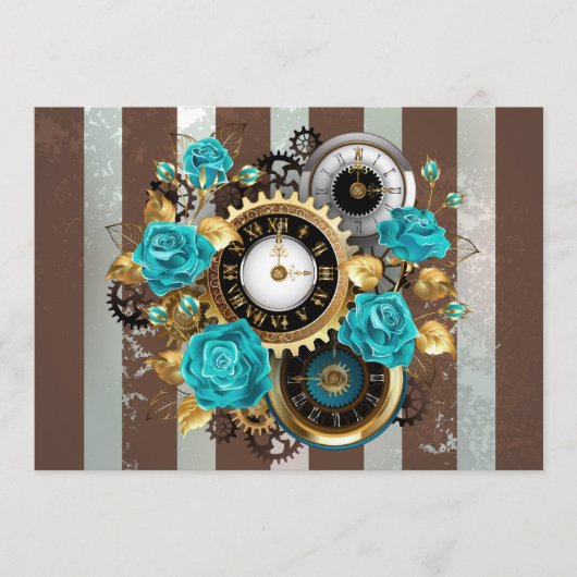 Steampunk Clock- en Turquoise-Rozen op gestreept Menu (Voorkant)