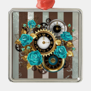 Steampunk Clock- en Turquoise-Rozen op gestreept Metalen Ornament