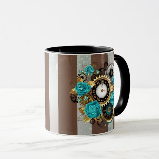 Steampunk Clock- en Turquoise-Rozen op gestreept Mok (Voorkant rechts)