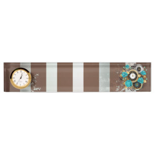Steampunk Clock- en Turquoise-Rozen op gestreept Naambordje