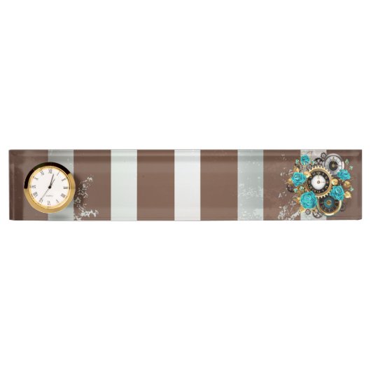 Steampunk Clock- en Turquoise-Rozen op gestreept Naambordje (Voorkant)