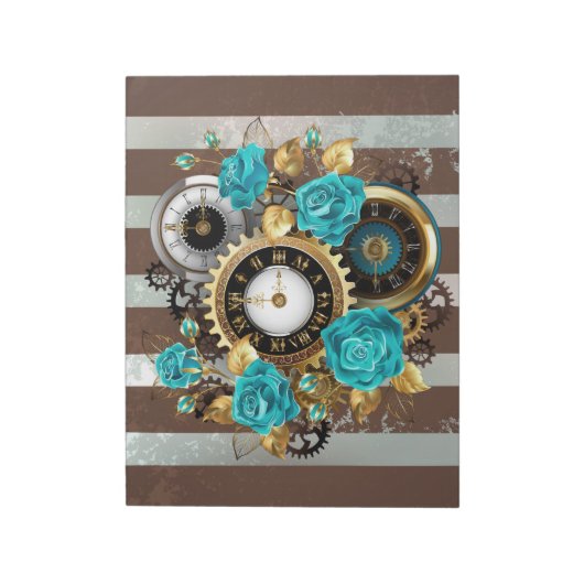 Steampunk Clock- en Turquoise-Rozen op gestreept Notitieblok (Gedraaid)