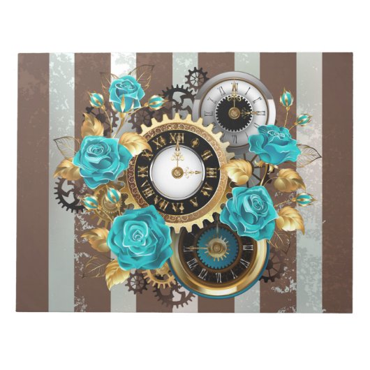 Steampunk Clock- en Turquoise-Rozen op gestreept Notitieblok (Voorkant)