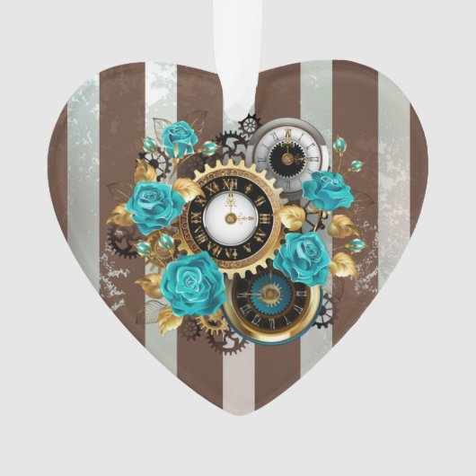 Steampunk Clock- en Turquoise-Rozen op gestreept Ornament (voorkant)