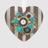 Steampunk Clock- en Turquoise-Rozen op gestreept Ornament (achterkant)