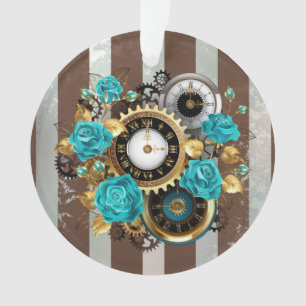 Steampunk Clock- en Turquoise-Rozen op gestreept Ornament