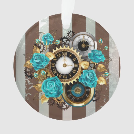 Steampunk Clock- en Turquoise-Rozen op gestreept Ornament (voorkant)