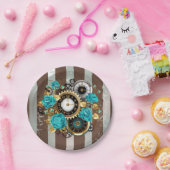 Steampunk Clock- en Turquoise-Rozen op gestreept Papieren Bordje (Feest)