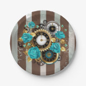 Steampunk Clock- en Turquoise-Rozen op gestreept Papieren Bordje (Voorkant)