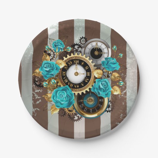 Steampunk Clock- en Turquoise-Rozen op gestreept Papieren Bordje (Voorkant)