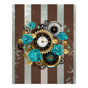 Steampunk Clock- en Turquoise-Rozen op gestreept Perfect Poster