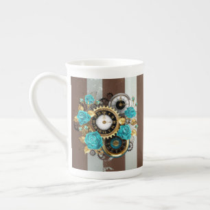 Steampunk Clock- en Turquoise-Rozen op gestreept Porselein Kop