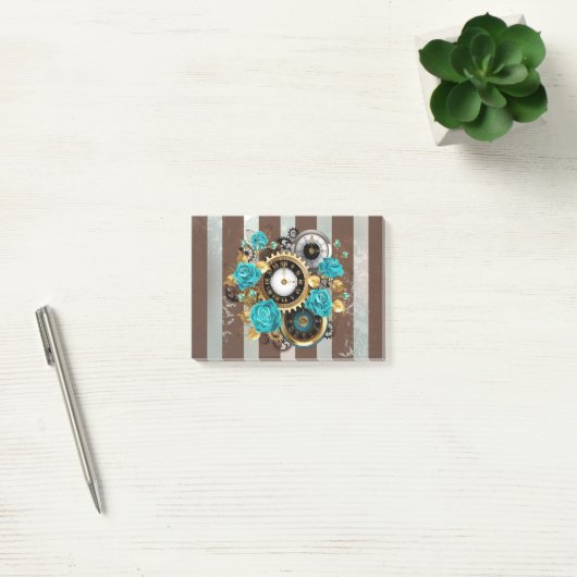 Steampunk Clock- en Turquoise-Rozen op gestreept Post-it® Notes (Kantoor)