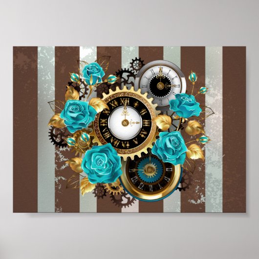 Steampunk Clock- en Turquoise-Rozen op gestreept Poster (Voorkant)