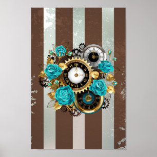 Steampunk Clock- en Turquoise-Rozen op gestreept Poster