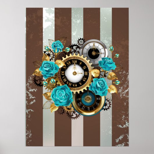 Steampunk Clock- en Turquoise-Rozen op gestreept Poster (Voorkant)