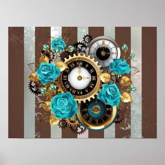Steampunk Clock- en Turquoise-Rozen op gestreept Poster (Voorkant)