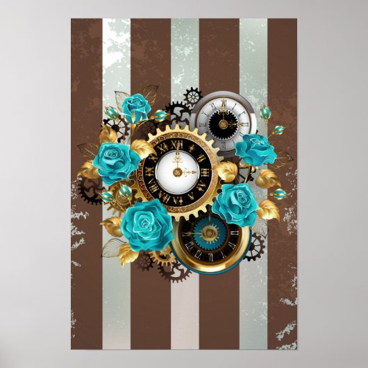 Steampunk Clock- en Turquoise-Rozen op gestreept Poster (Voorkant)