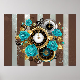 Steampunk Clock- en Turquoise-Rozen op gestreept Poster