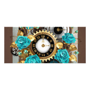 Steampunk Clock- en Turquoise-Rozen op gestreept Reclamekaart