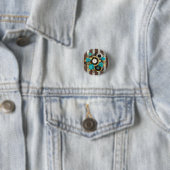 Steampunk Clock- en Turquoise-Rozen op gestreept Ronde Button 3,2 Cm (In situ)