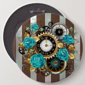 Steampunk Clock- en Turquoise-Rozen op gestreept Ronde Button 6,0 Cm (Voorkant /achterkant)