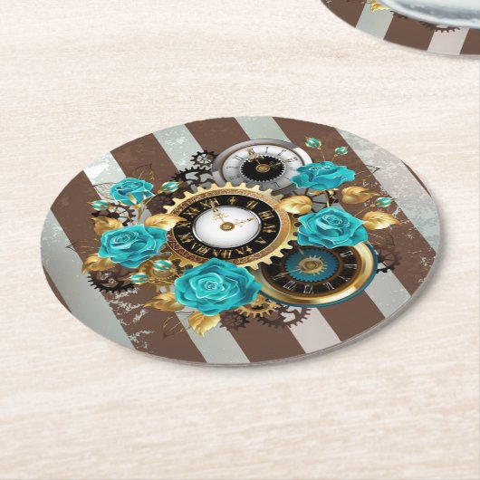 Steampunk Clock- en Turquoise-Rozen op gestreept Ronde Kartonnen Onderzetter (Gebogen)