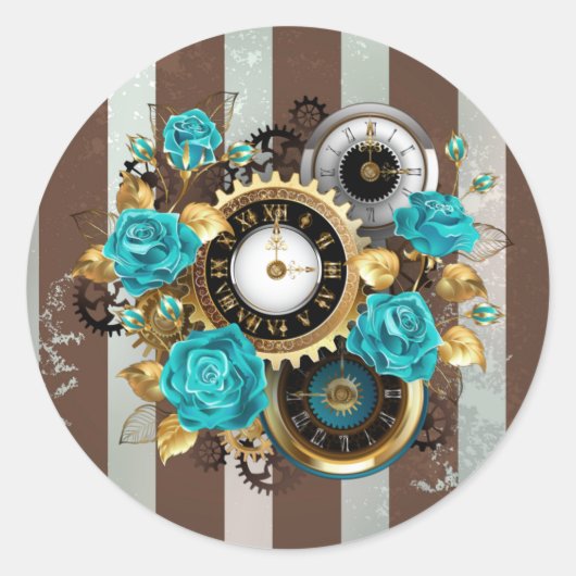 Steampunk Clock- en Turquoise-Rozen op gestreept Ronde Sticker (Voorkant)