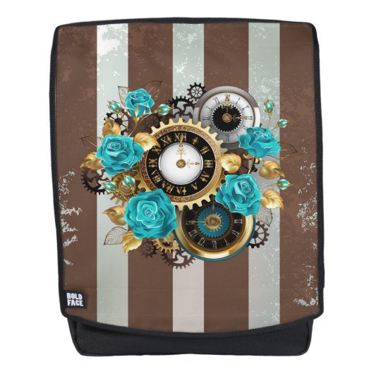Steampunk Clock- en Turquoise-Rozen op gestreept Rugtassen (Voorkant)
