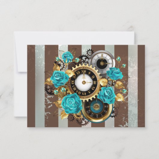 Steampunk Clock- en Turquoise-Rozen op gestreept Save The Date (Voorkant)