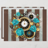Steampunk Clock- en Turquoise-Rozen op gestreept Save The Date (Voorkant / Achterkant)