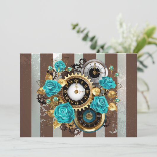 Steampunk Clock- en Turquoise-Rozen op gestreept Save The Date (Staand voorkant)