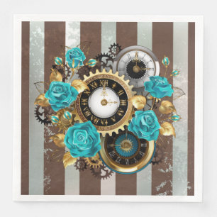 Steampunk Clock- en Turquoise-Rozen op gestreept Servet